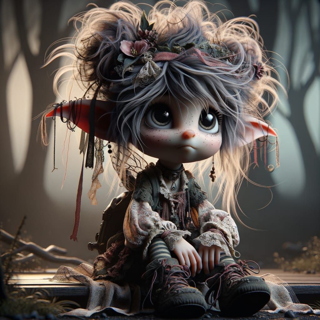 Punk Pixie Gazing at Forest Stream: Digital Art