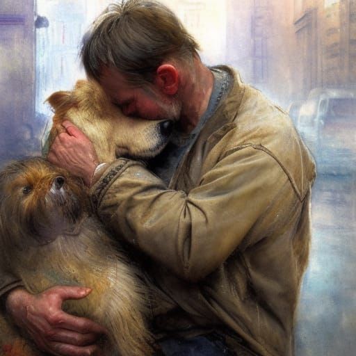 Melancholy Man and Dog Portrait in Hyperrealism Style