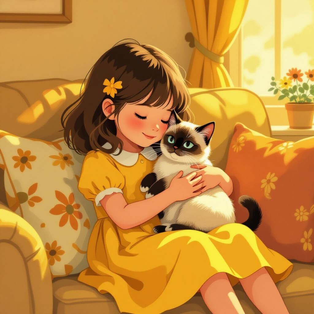 Girl and Siamese Cat Cuddle on Cozy Couch