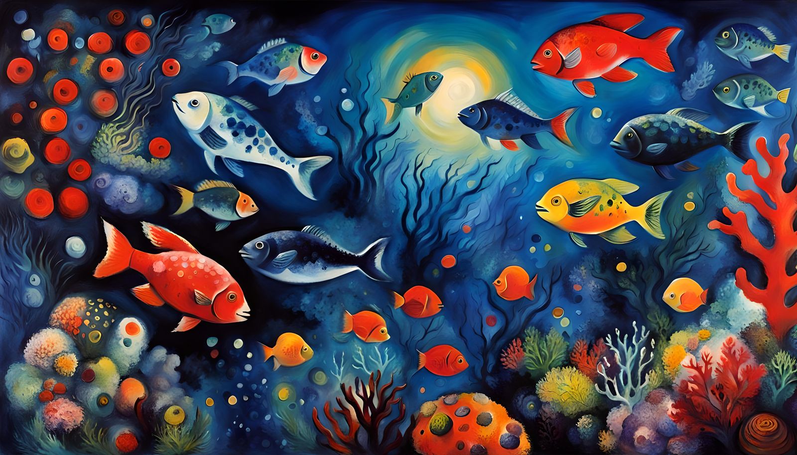 Vibrant Corals Bloom in Chagall-Inspired Depths