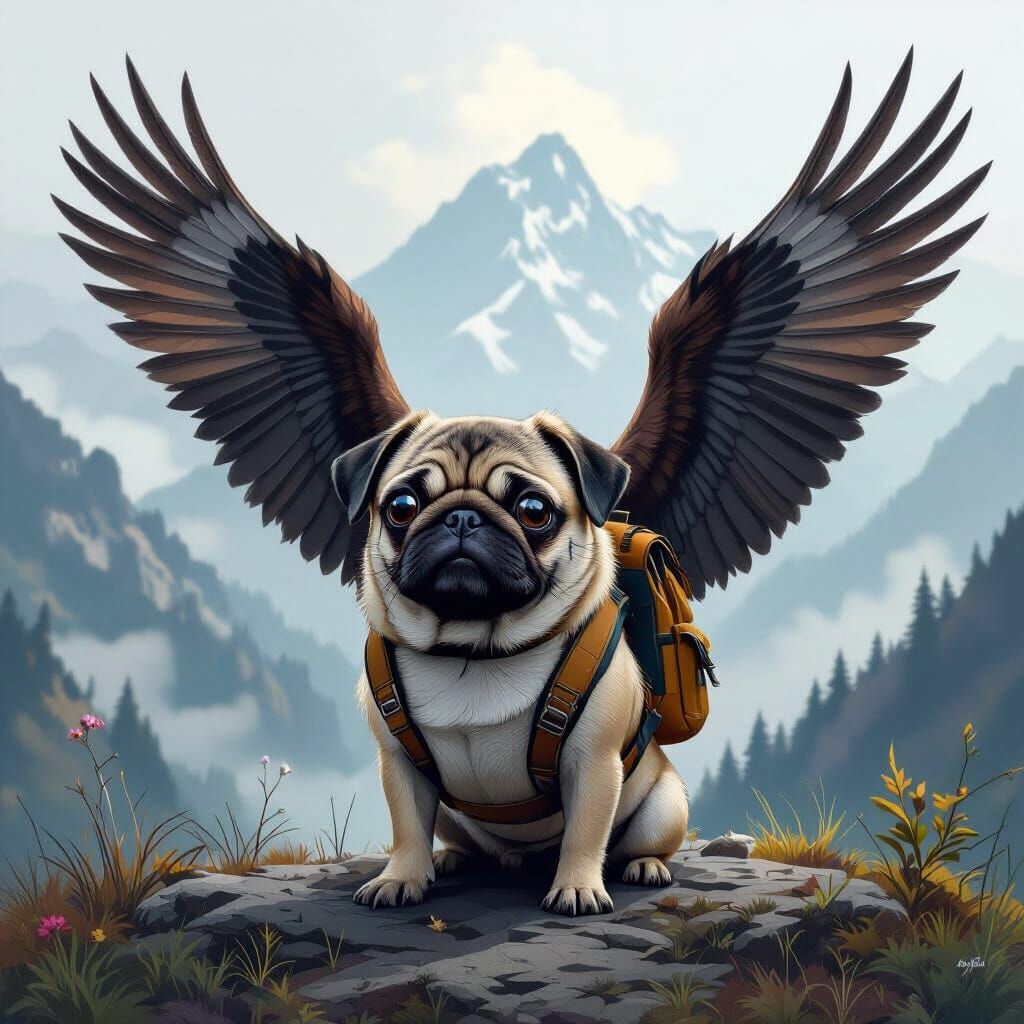 Whimsical Pug-Eagle Hybrid in Mountain Landscape