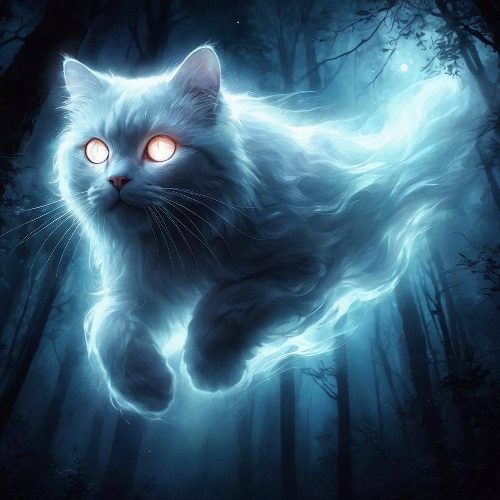 In a misty, moonlit forest, an ethereal ghost cat silently float through the air, its translucent fur shimmering with a ...