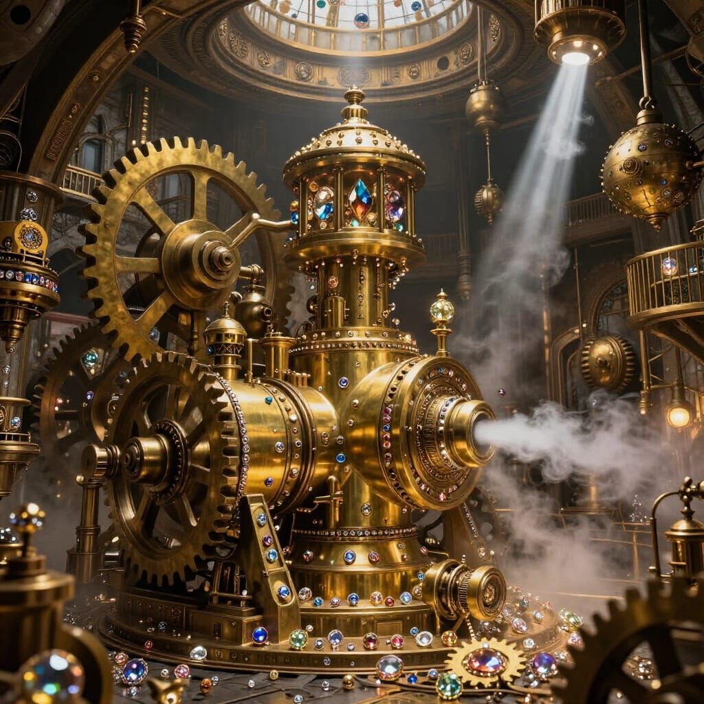 Steampunk Gold Mine with Shimmering Jewels and Gears