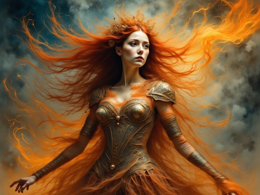Fiery Woman Gazing at Blazing Sky in Digital Portrait