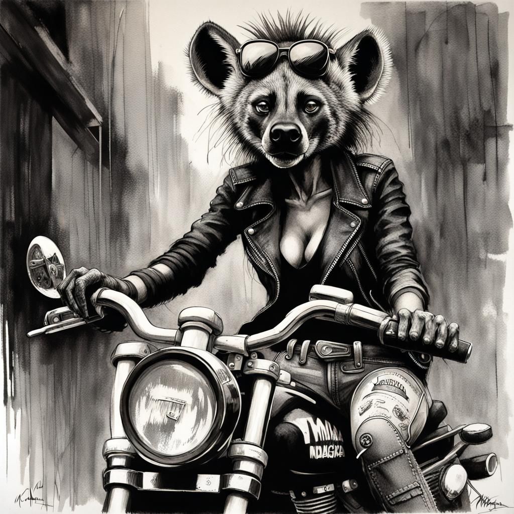 Denim Hyena Biker in Scratchboard Ink Style