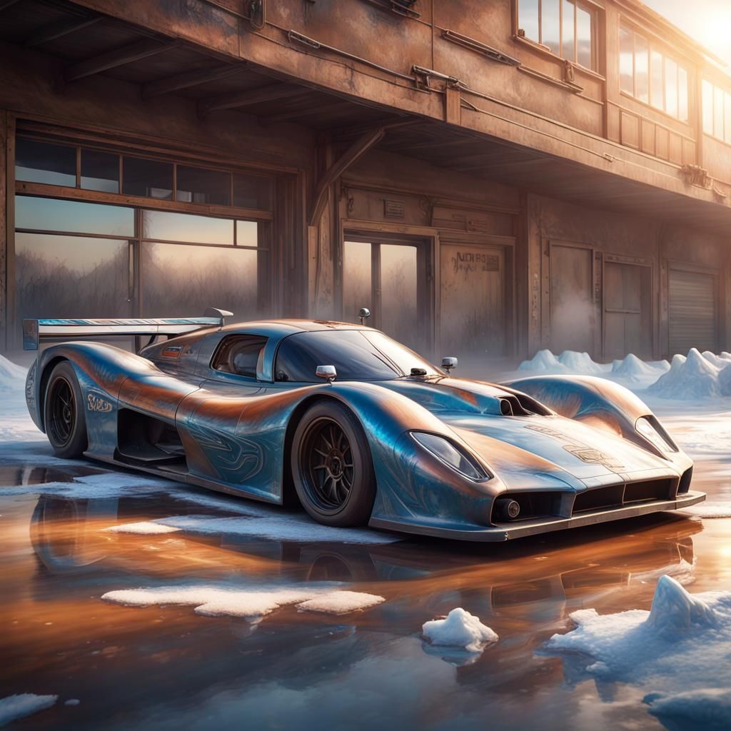 Iced-Over Race Car in Hyperrealistic Airbrush Art