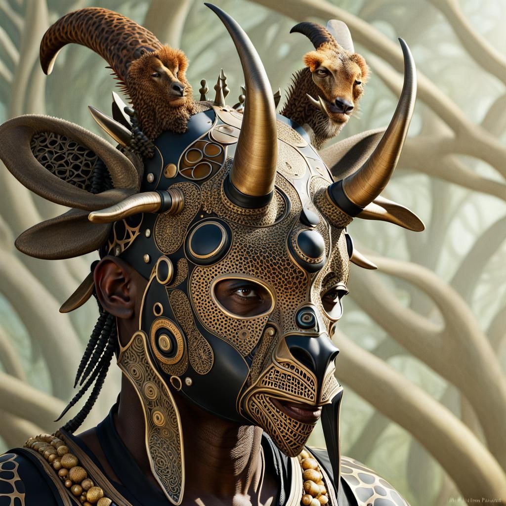 ancient black warrior in a giraffe mask
