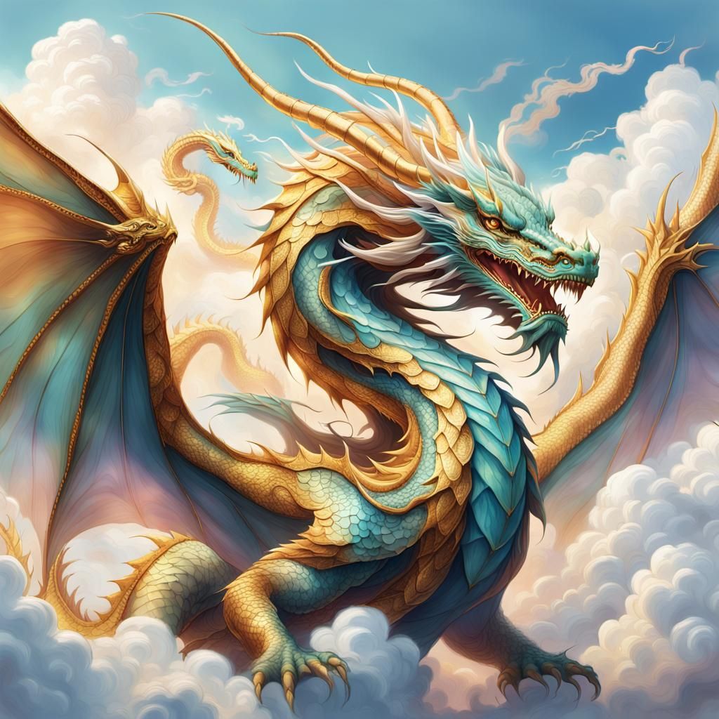 Majestic Dragon Soaring Through Clouds in Dreamy Art