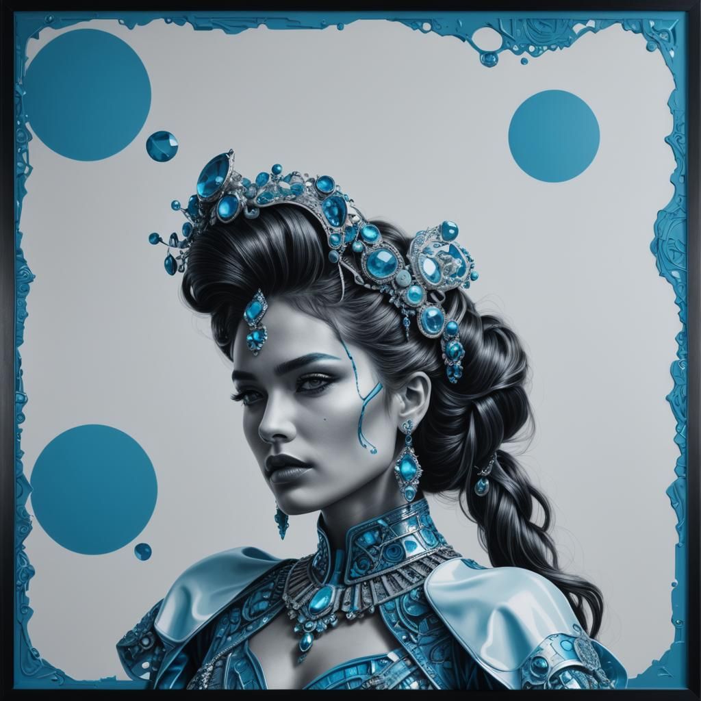 Monochrome cyan Hyperrealistic portrait of a beautiful woman wearing intricately detailed blue clothing and futuristic...