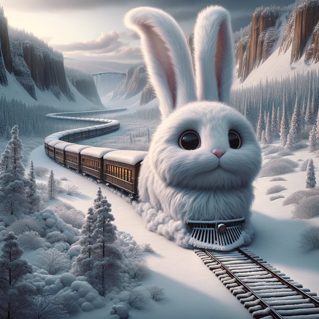 Whimsical Bunny Train in Snowy Mountain Landscape