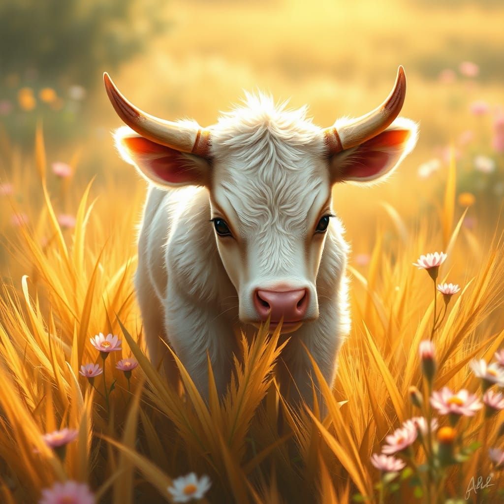 Adorable Calf in Golden Field: Fantasy Matte Painting