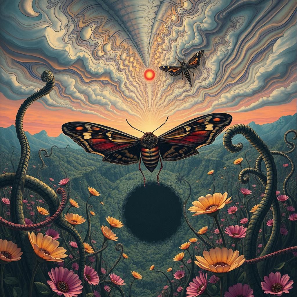 Surreal Landscape with Elastic Flora and Death Moth