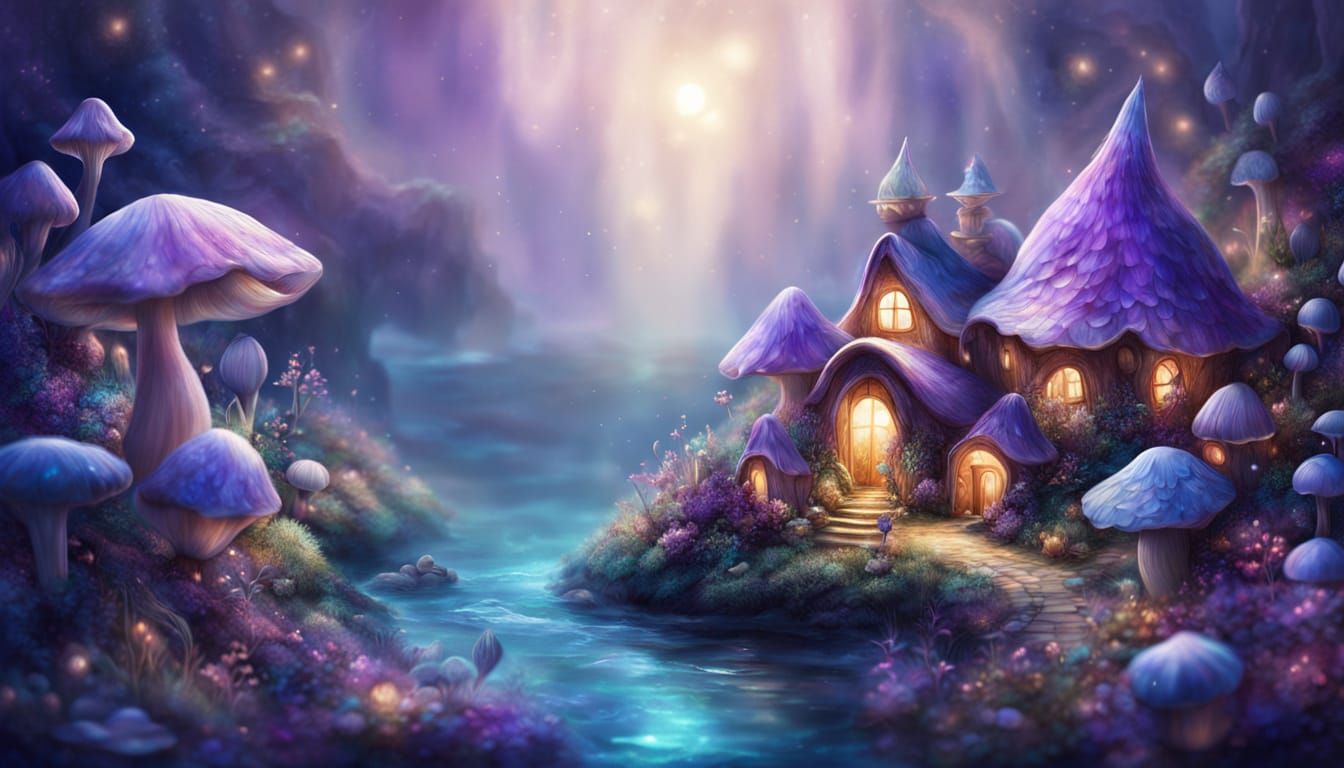 Whimsical Chibi Fairy Village in a Glowing Shell