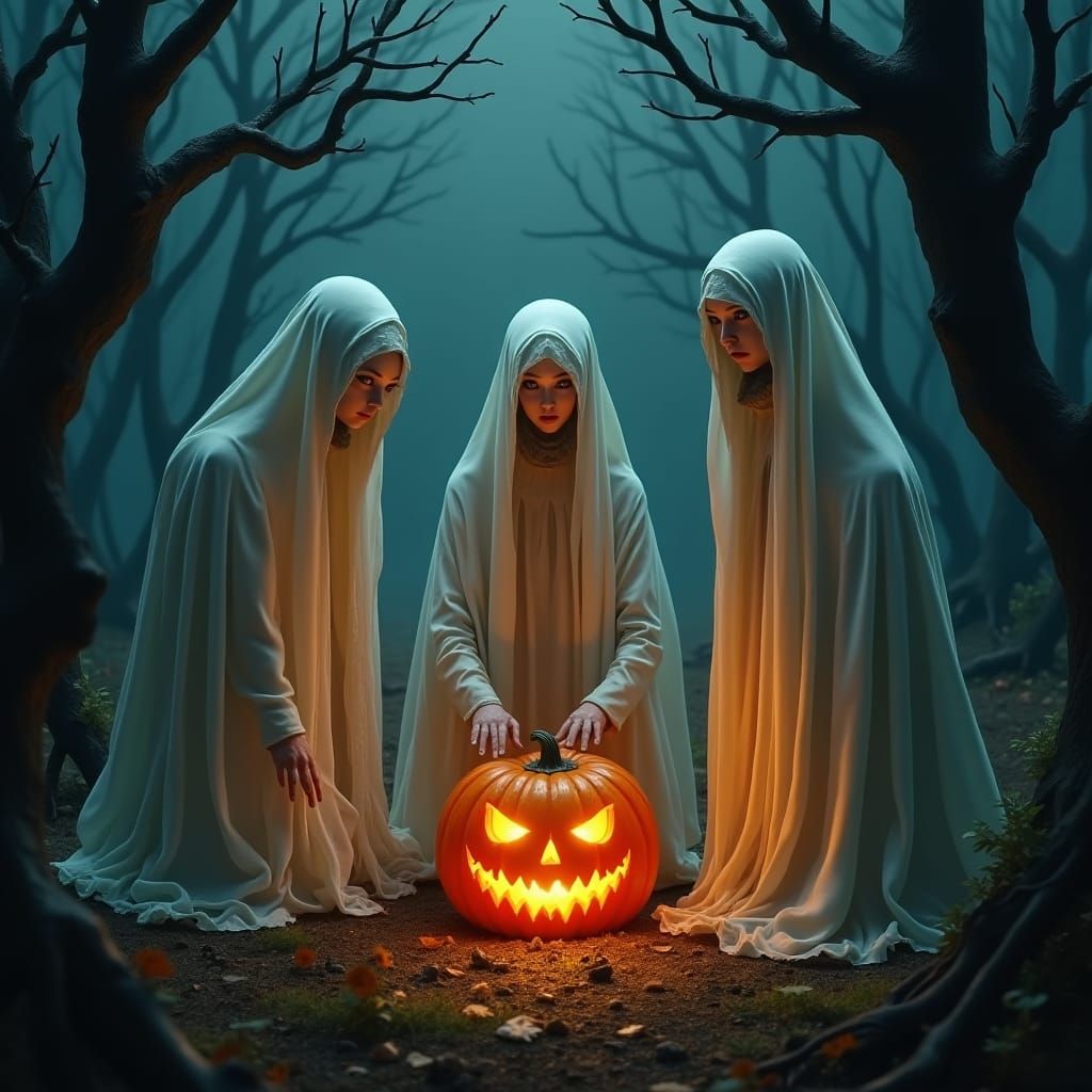 Ethereal Ghosts Gathered Around Jack-o'-Lantern