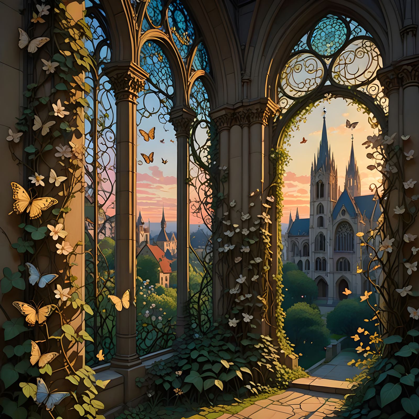 Ethereal Bioluminescent Butterflies Dance Around Gothic Cath...