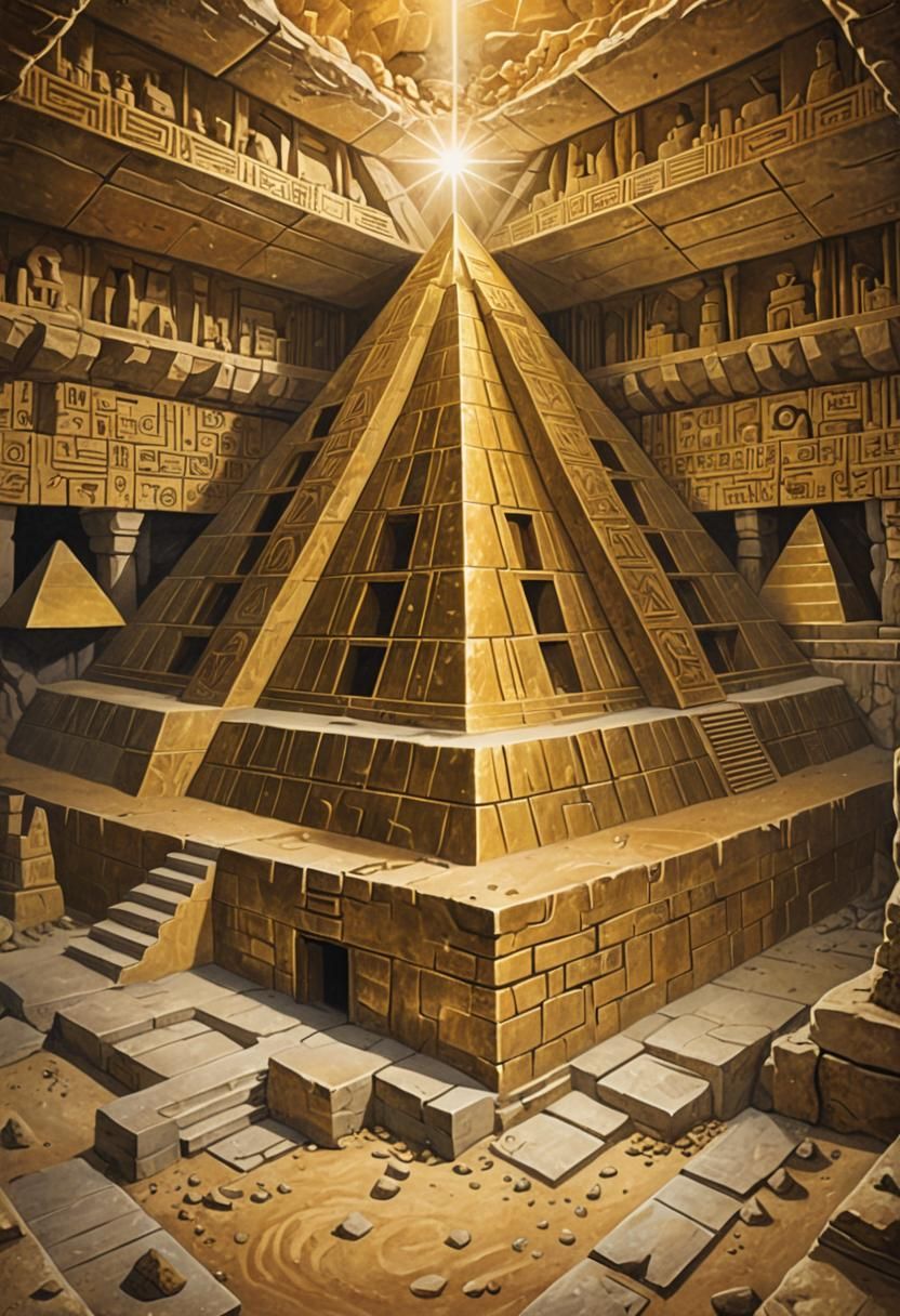 Golden Pyramid with Magical Doorway in Cave
