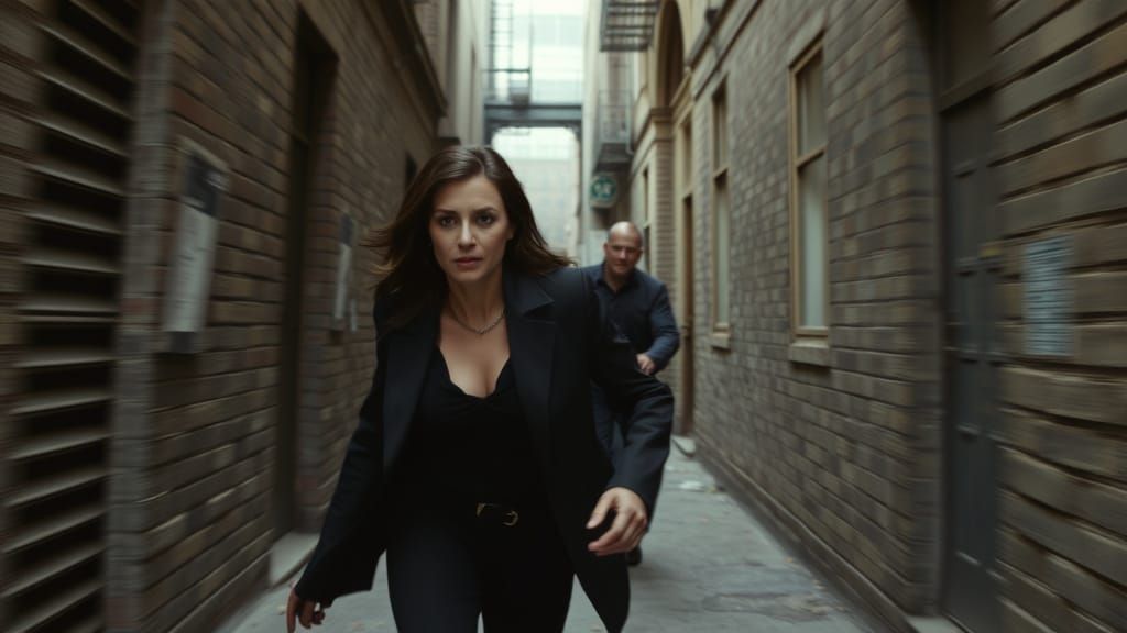 Gritty Alleyway Chase in a 2000s Action Movie Style