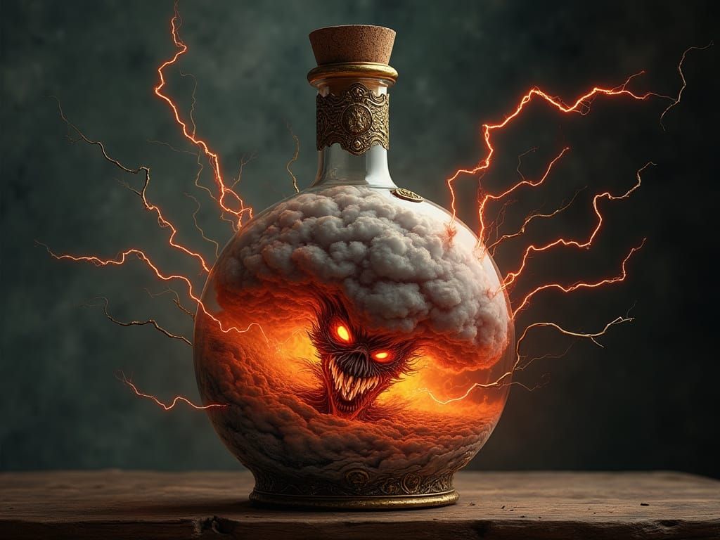 Vibrant Storm Entity Trapped in Antique Bottle
