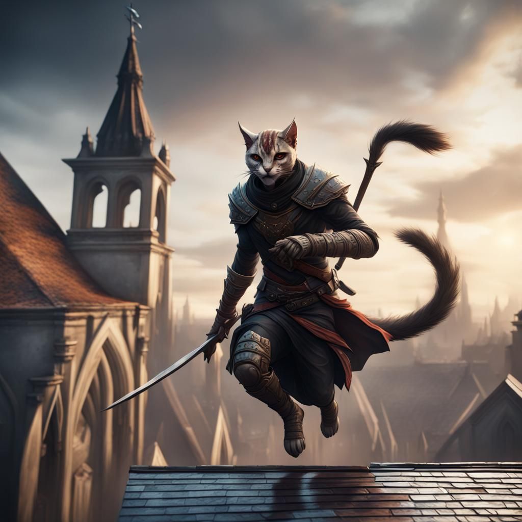 Khajiit Assassin Rooftop Run: Detailed Matte Painting