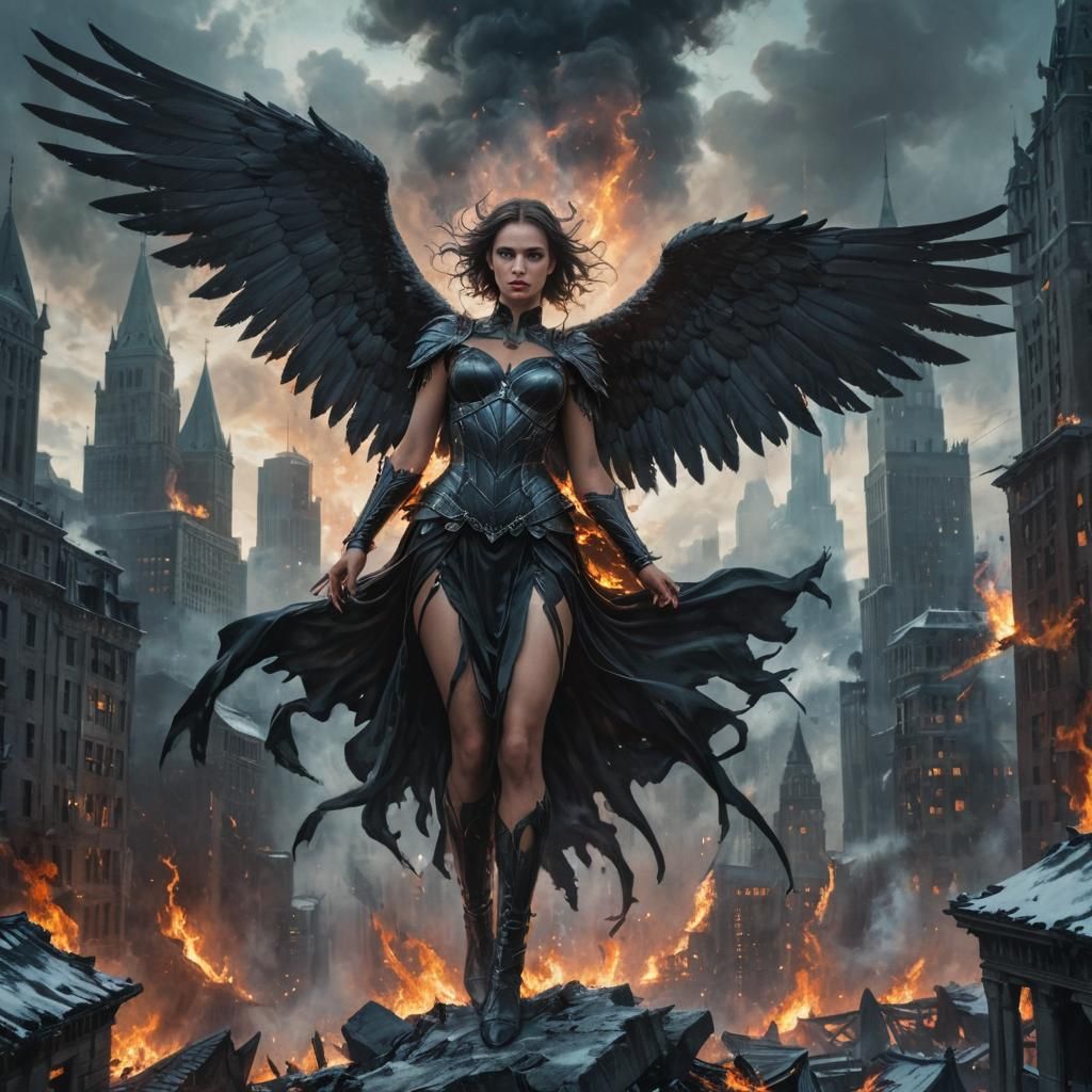 Dark Fantasy Archangel in Burning Gothic City