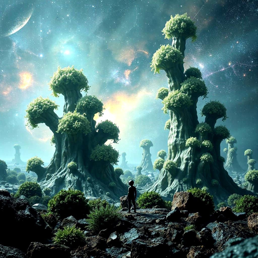 Surreal Cosmic Flora Landscape with Alien