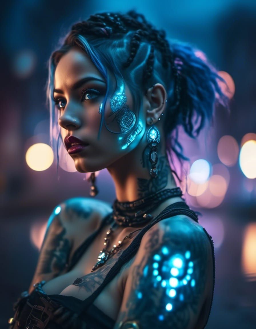 Cyborg with Bioluminescent Tattoos in Trashpunk Wasteland