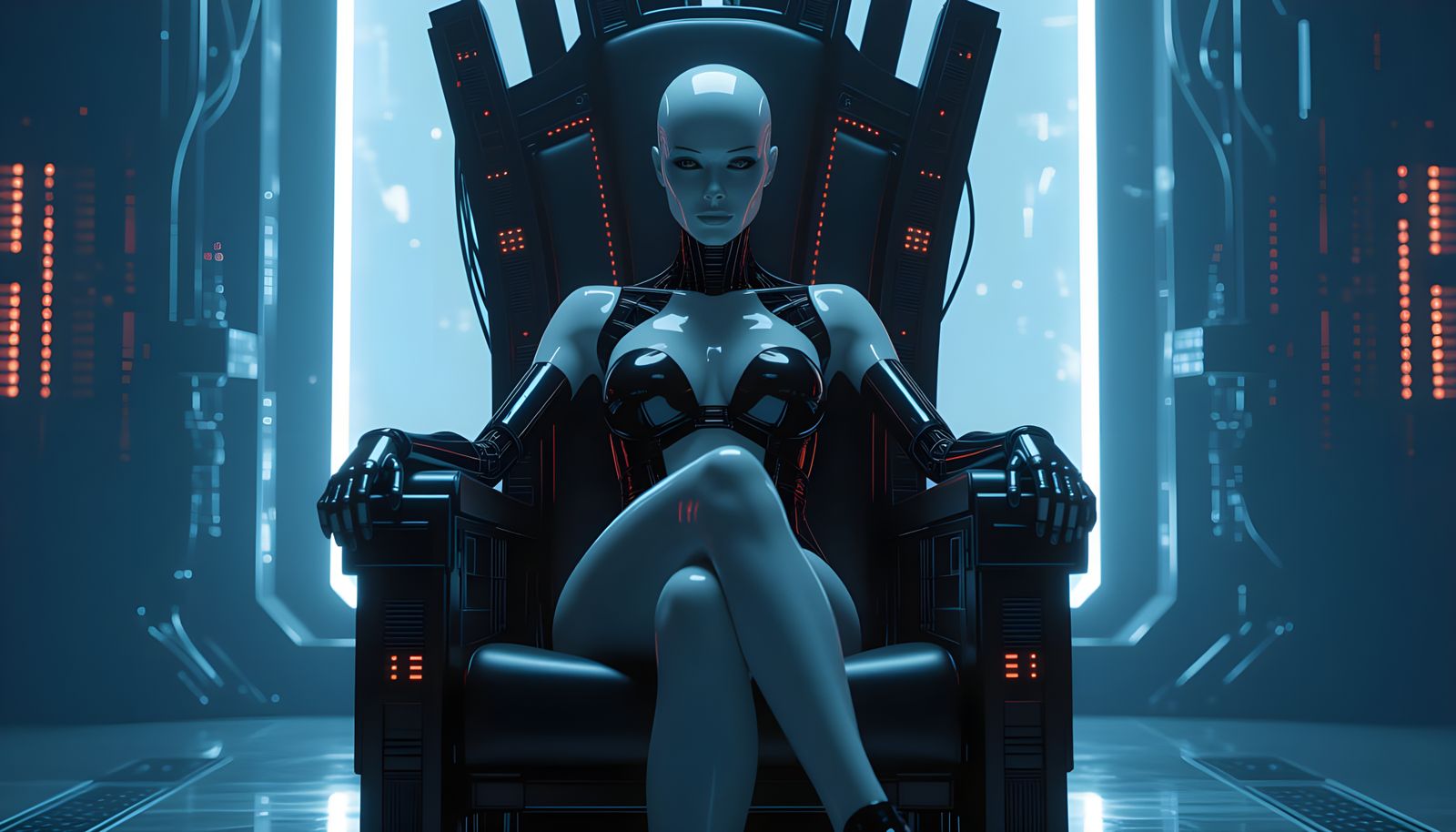 Synthetic Woman on Biomechanical Throne in Industrial Horror...