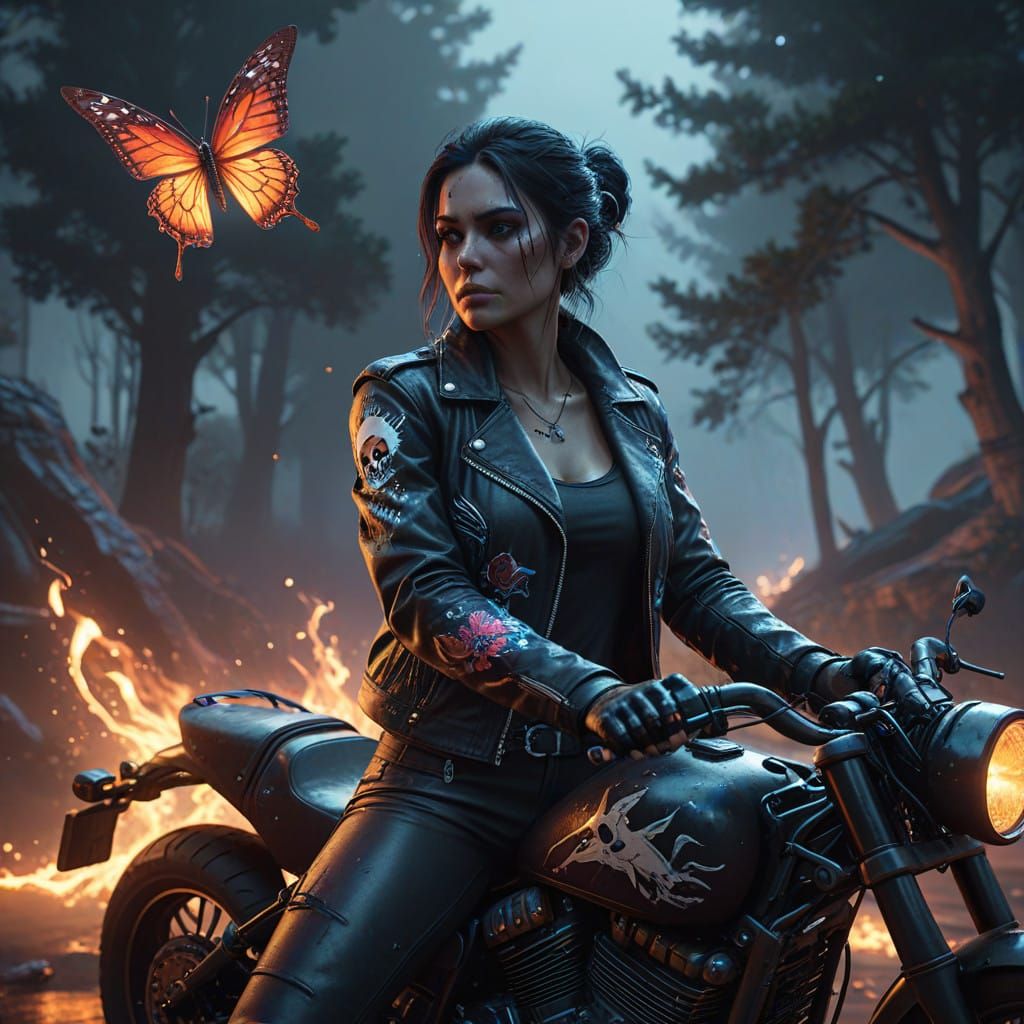 Dreamlike Motorcycle Rider with Skull Tattoo and Butterflies