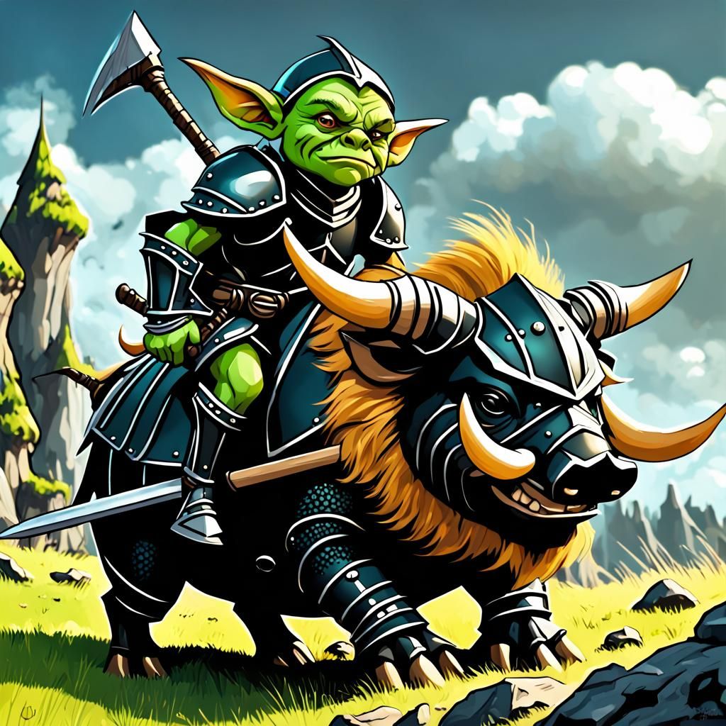 Goblin Knight on Armored Boar, Hyperrealistic
