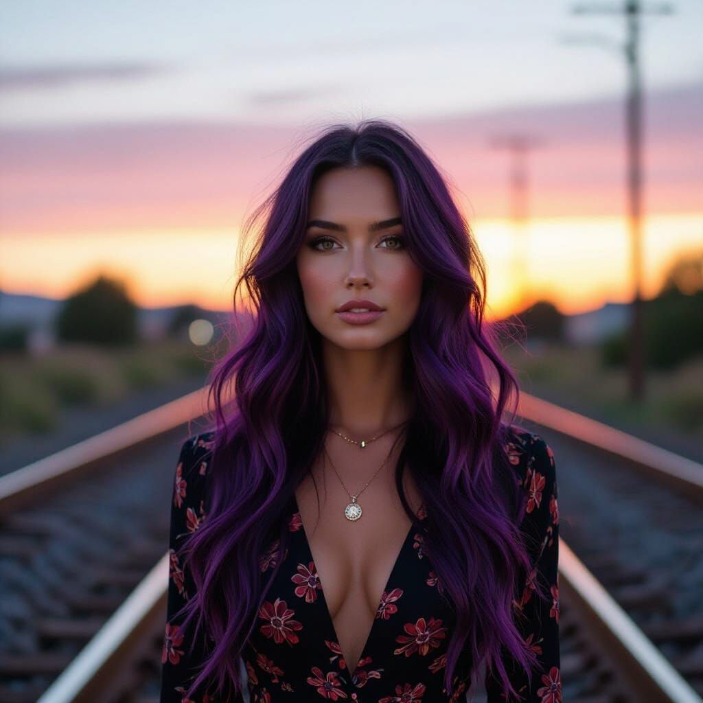 Purple-Haired Woman on Train Tracks in Twilight
