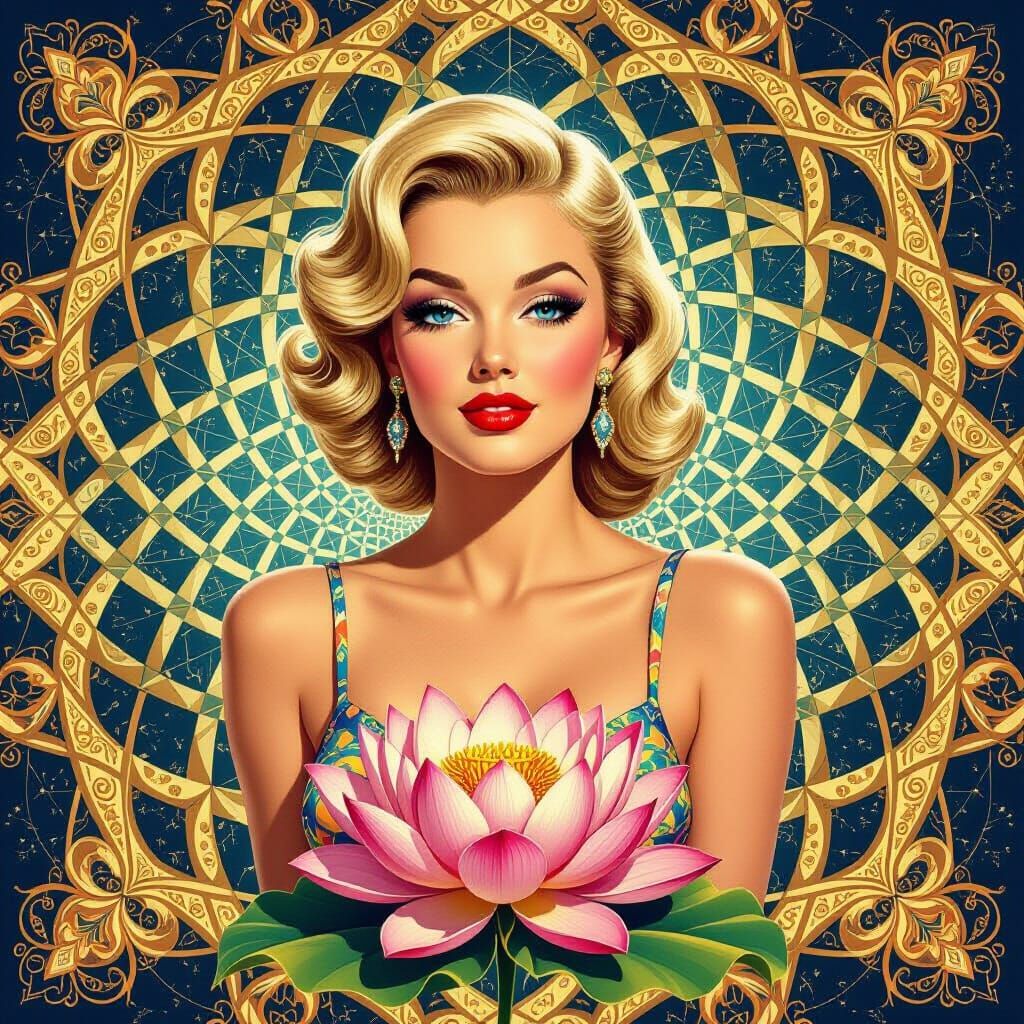 1950s Pin-Up Woman With Cosmic Patterns