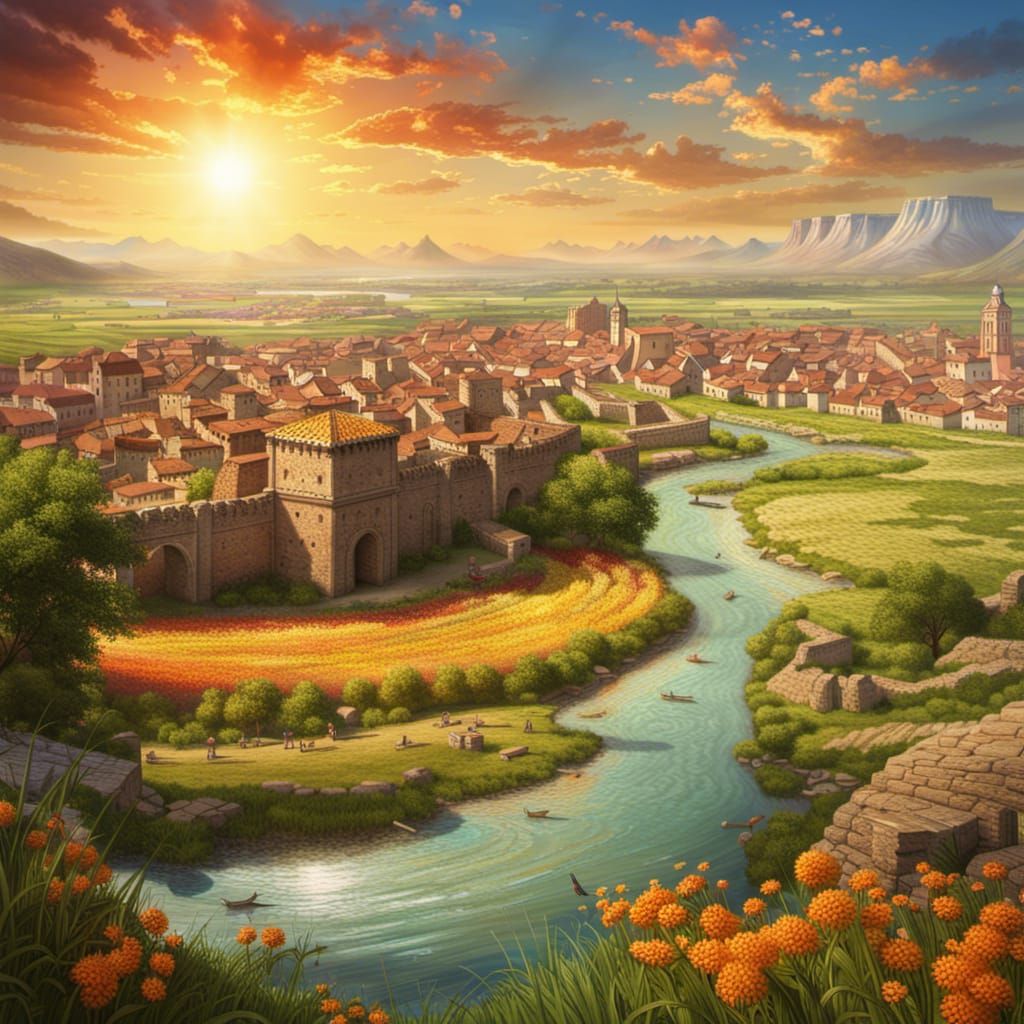 Sunny Roman Town in Fertile Valley, Digital Art