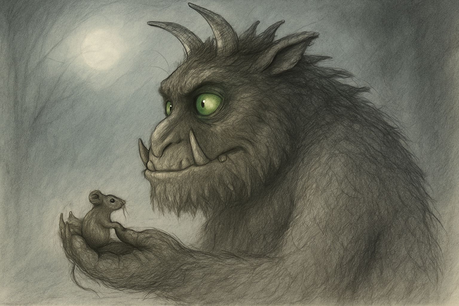 Mythical Beast Cradles Mouse in Moonlit Mist