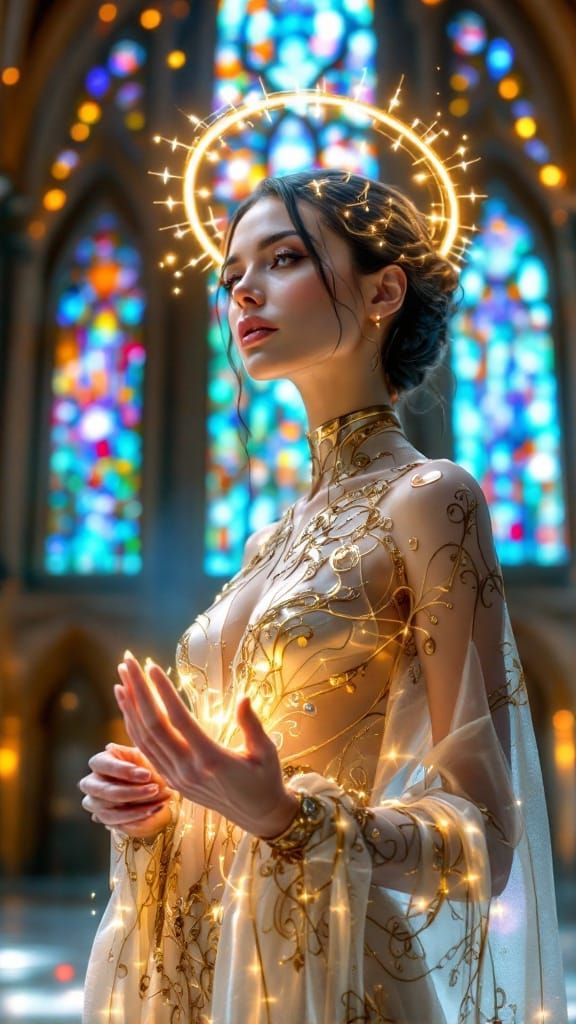 Ethereal Goddess in Cyberpunk Cathedral