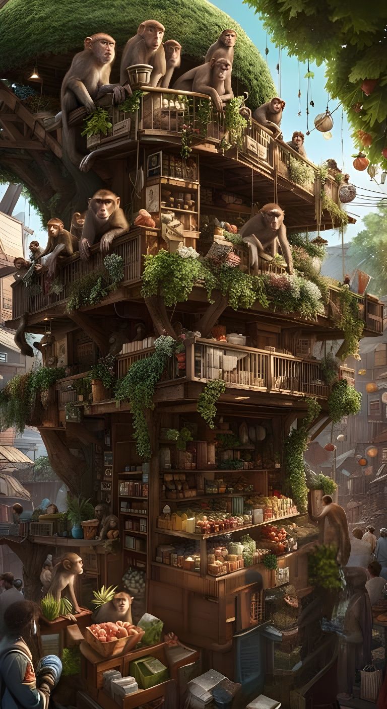 Monkey-Filled Treehouse Grocery Store in Digital Art Style