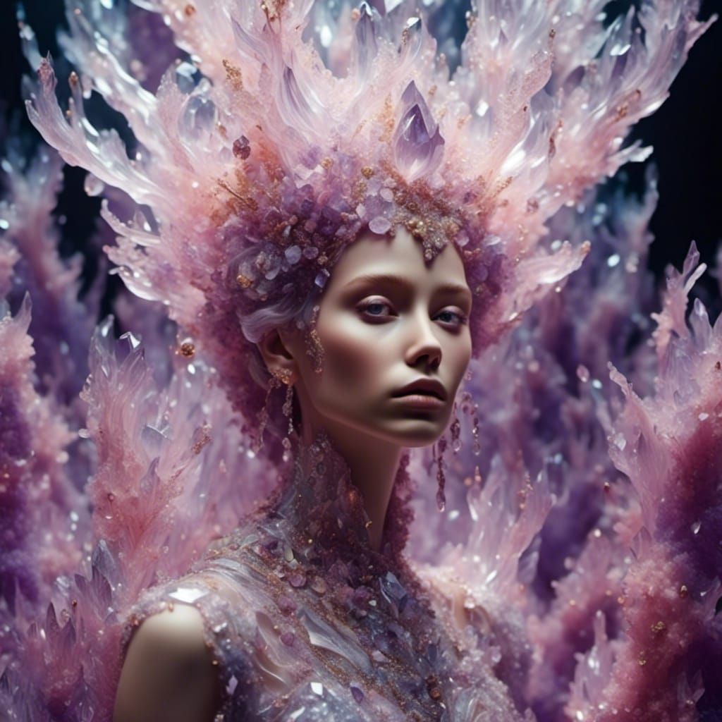Ethereal Woman in Iridescent Crystal Cave