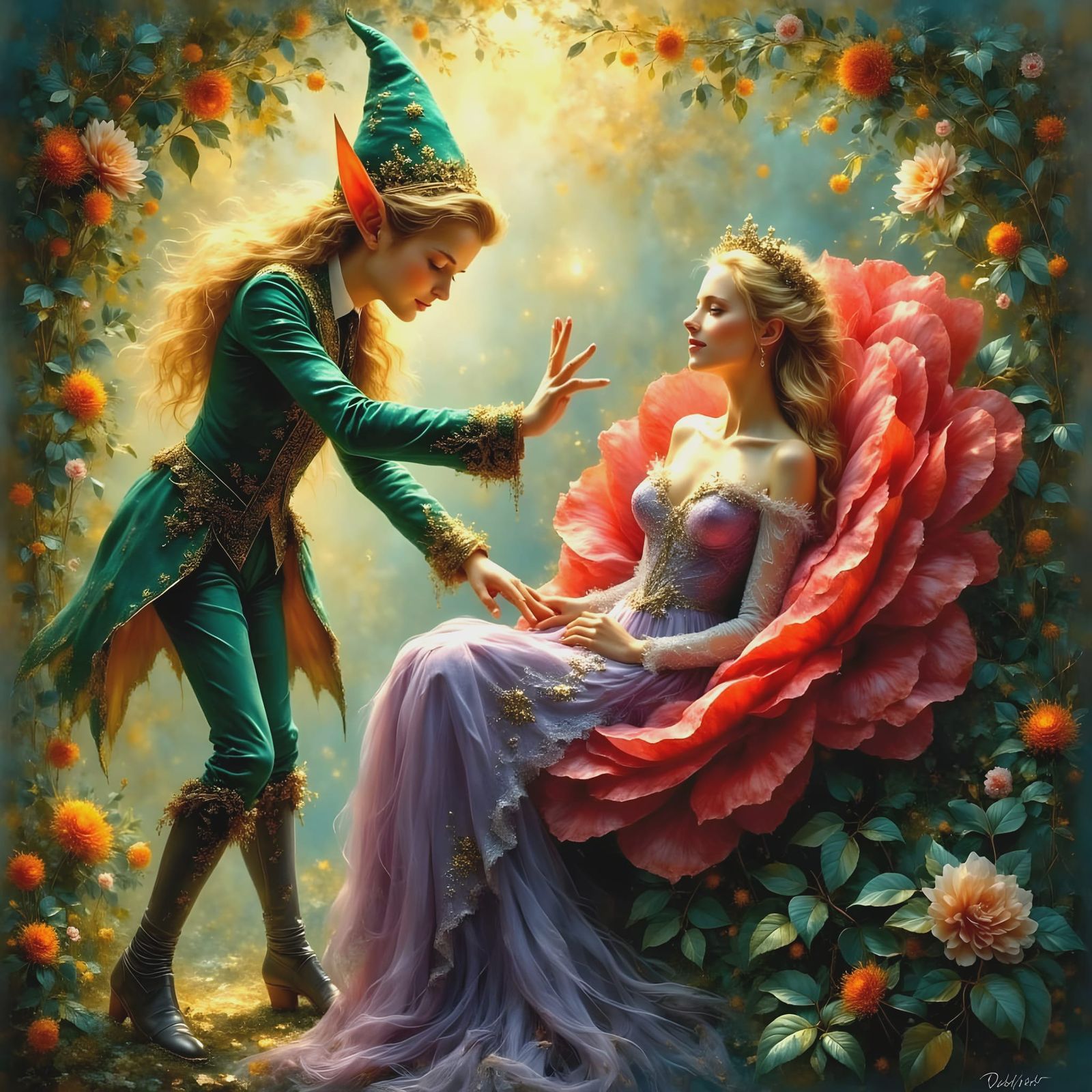 Friendly Elf Dances with Princess in Vibrant English Garden