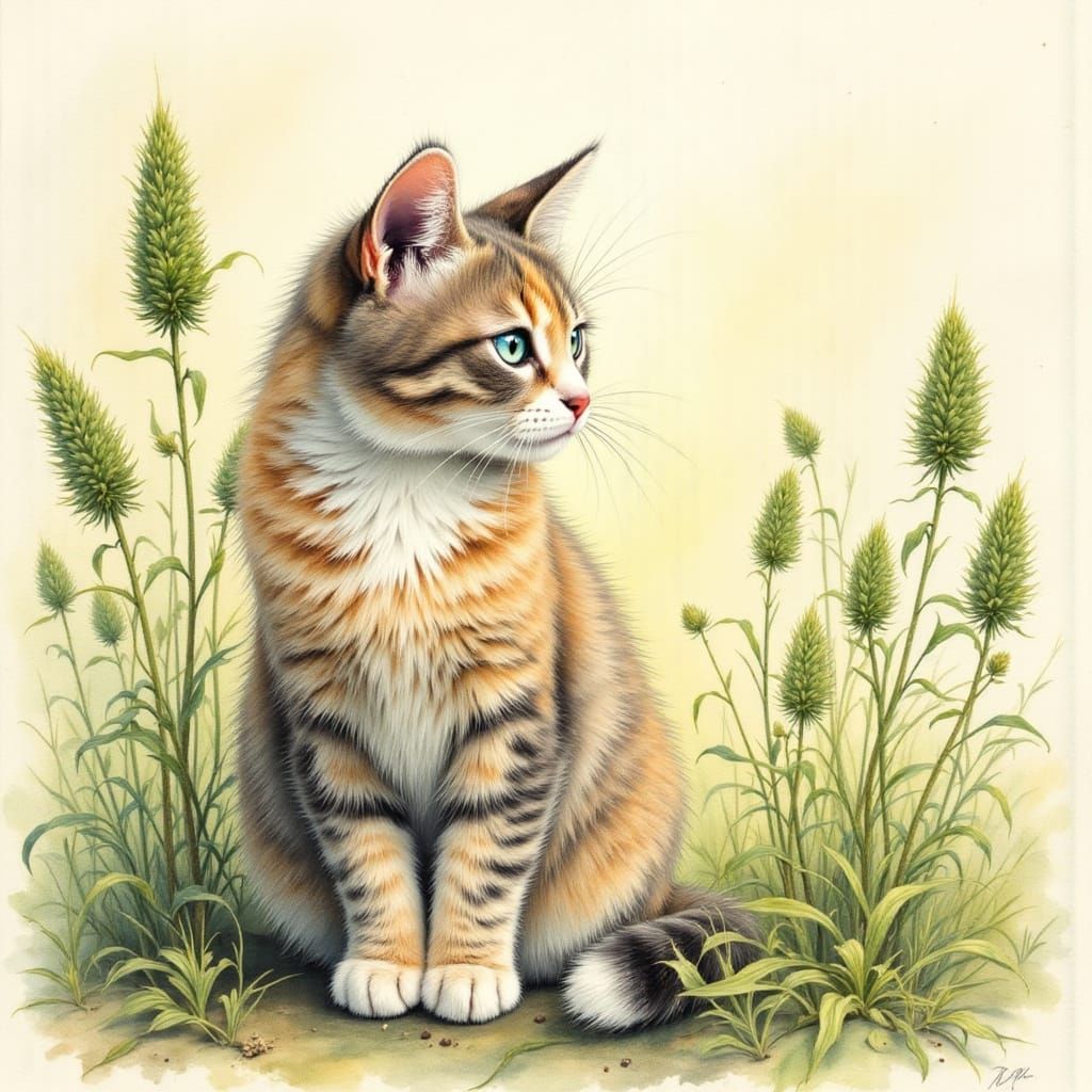 Whimsical Feline Portrait in Ink and Watercolour