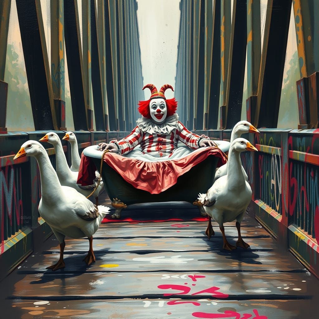 Clown in Bathtub Pulled by Geese Victorian Disaster