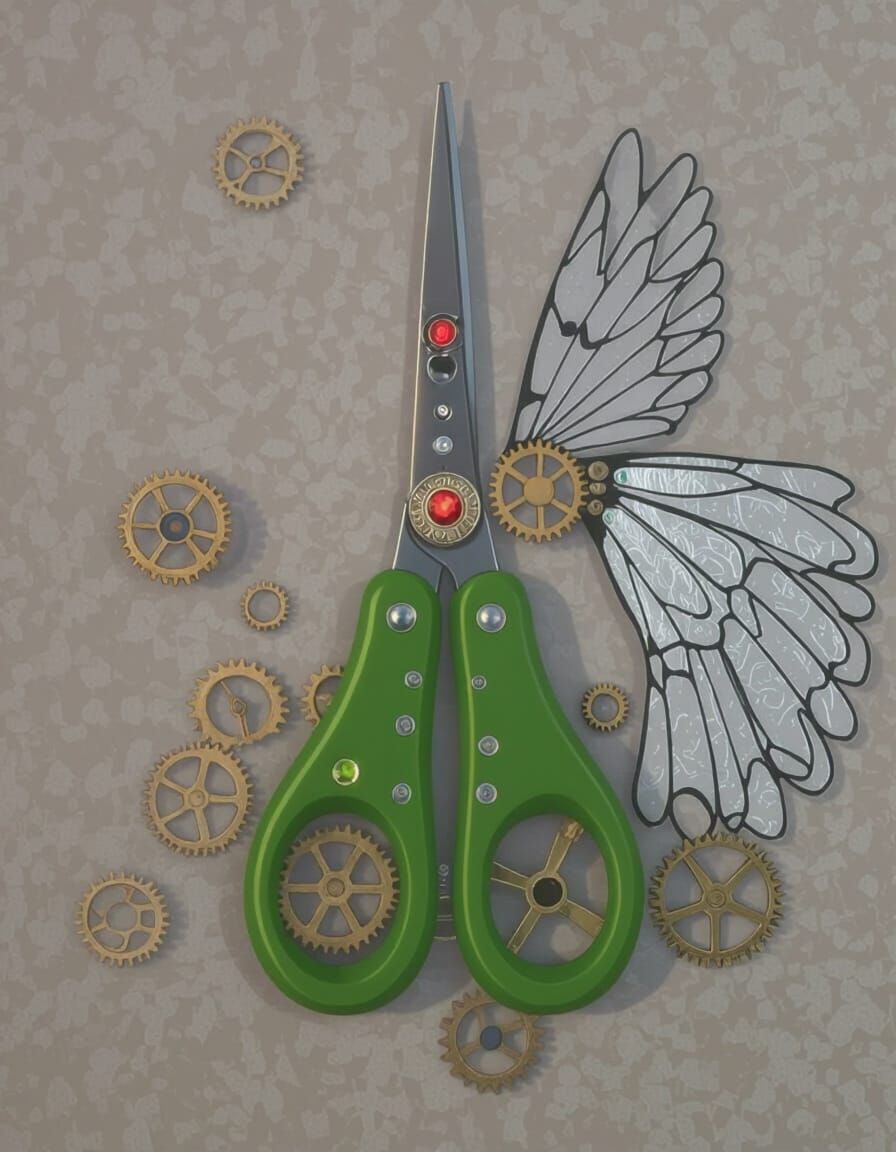 Steampunk Scissors with Golden Gears and Mechanical Wings