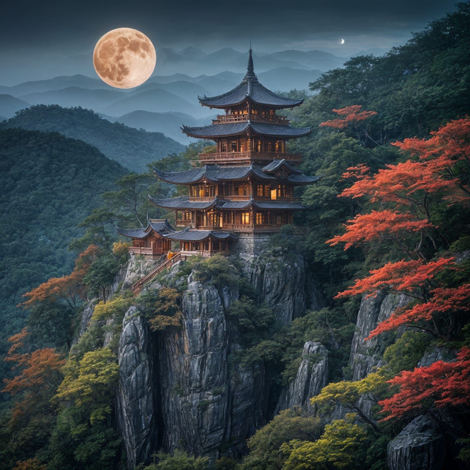 Pagoda in Mystical Mountains Under Full Moon