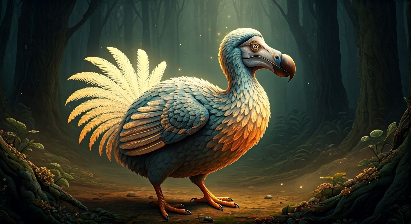 Luminescent Dodo in Mystical Forest, Surreal Illustration
