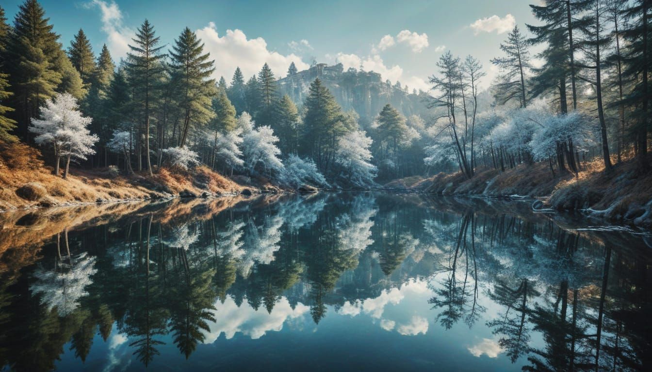 Surreal Summer Forest Landscape with Breathtaking Reflection...