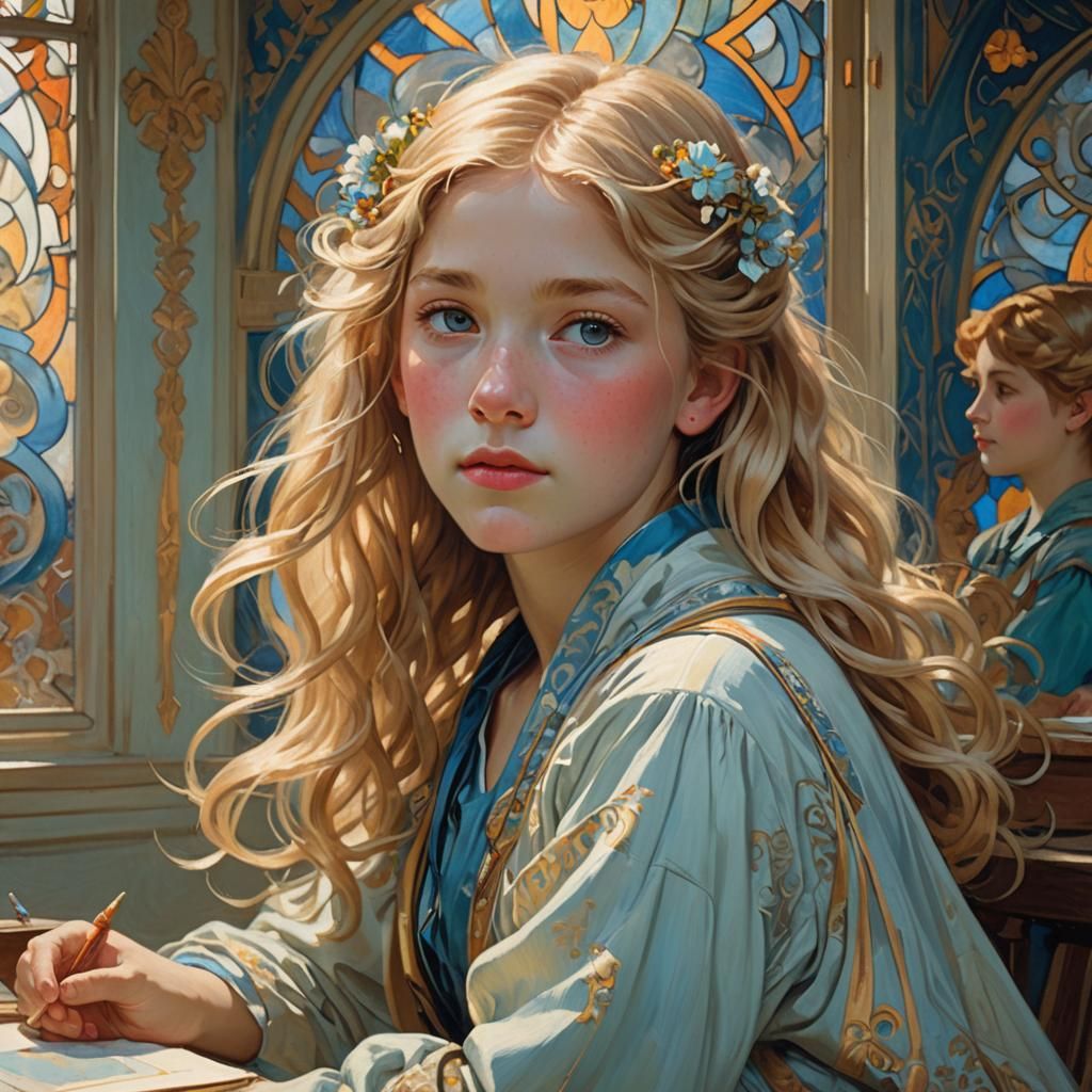 Freckled Girl Portrait in Alphonse Mucha Oil Style