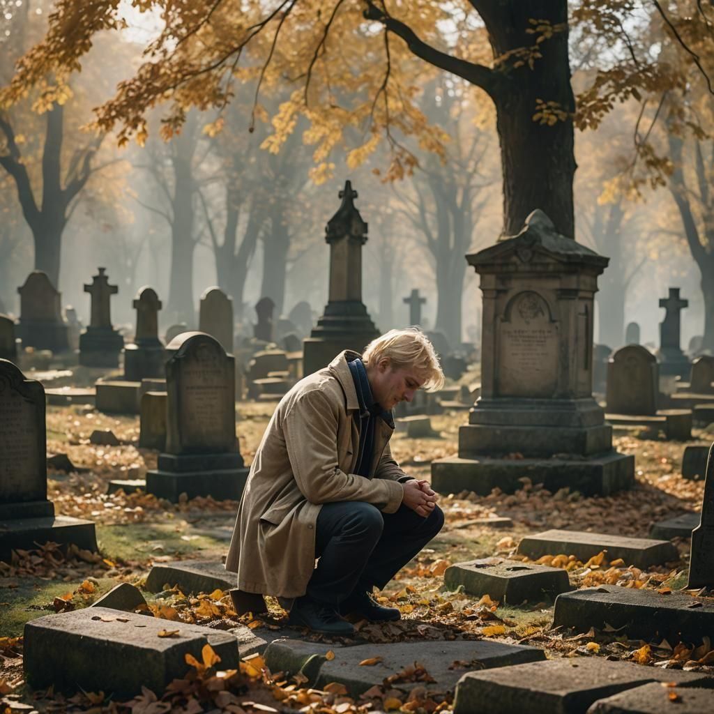 Blonde Man Crying in Graveyard: Professional Photography