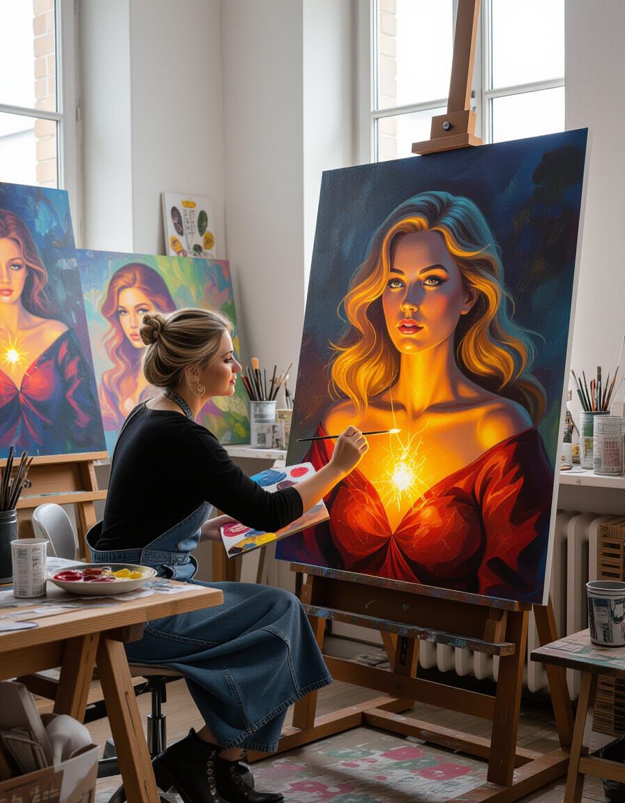 Magical Painter Creates Glowing Portraits in Art Studio