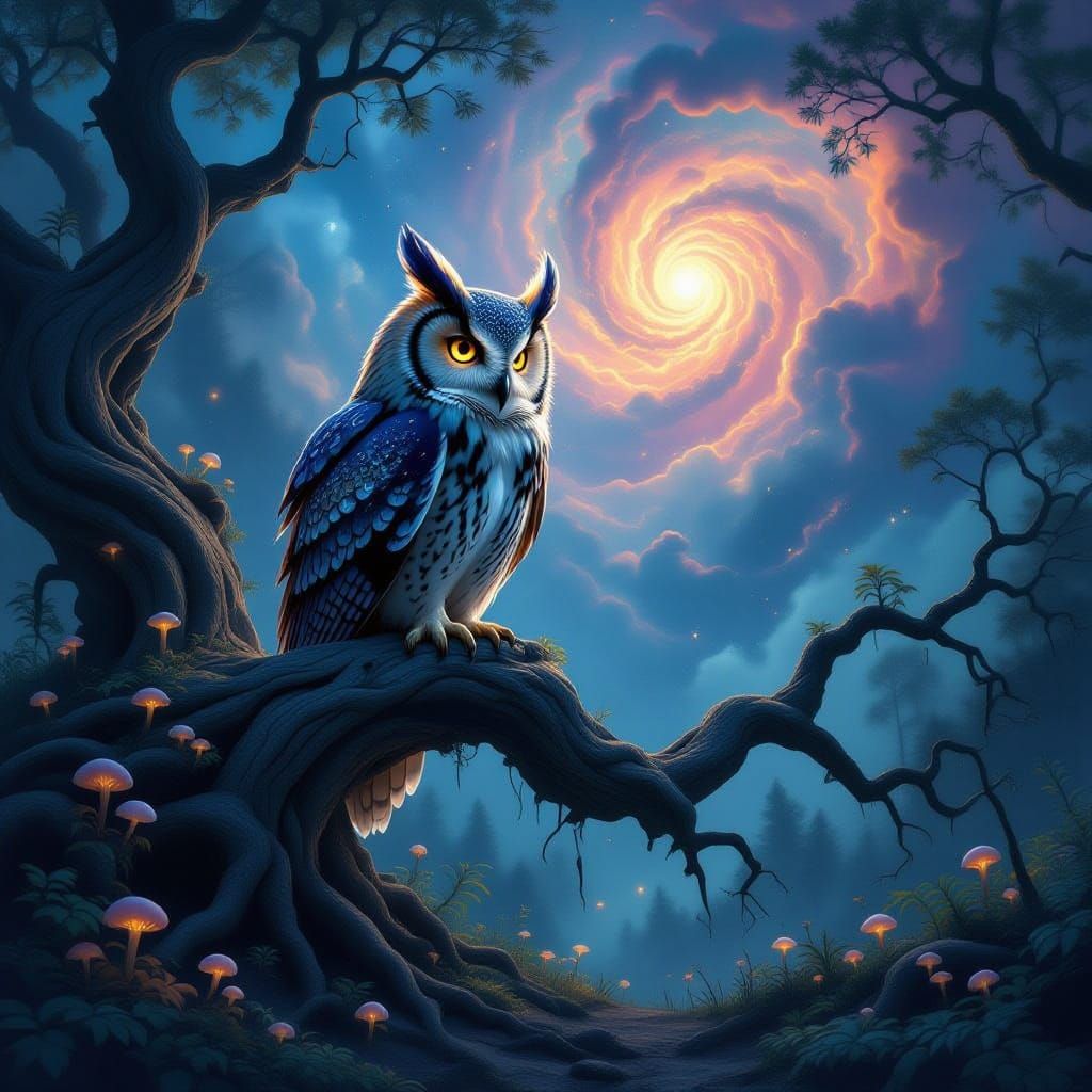 Majestic Owl with Cosmic Nebula and Luminous Fungi