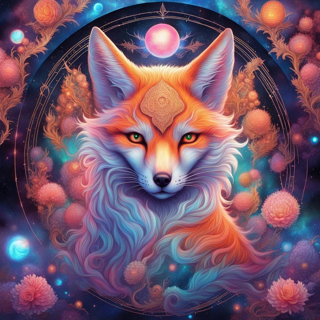 Holographic Kitsune in Astral Cosmic Illustration