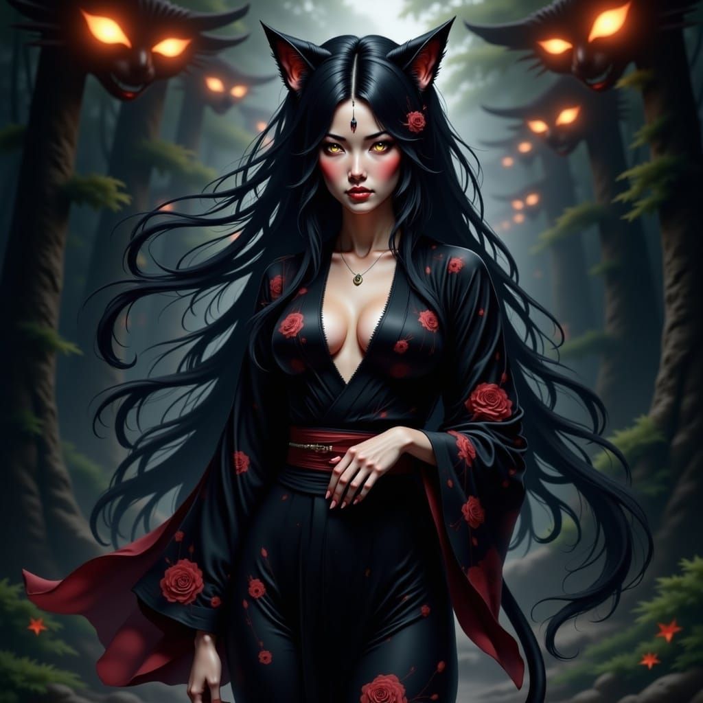 Female Nekomata in Dark Kimono Digital Drawing