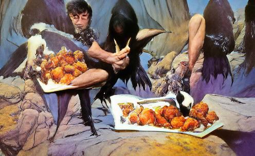 Woman Enjoying Chicken Wings in Dramatic Realism